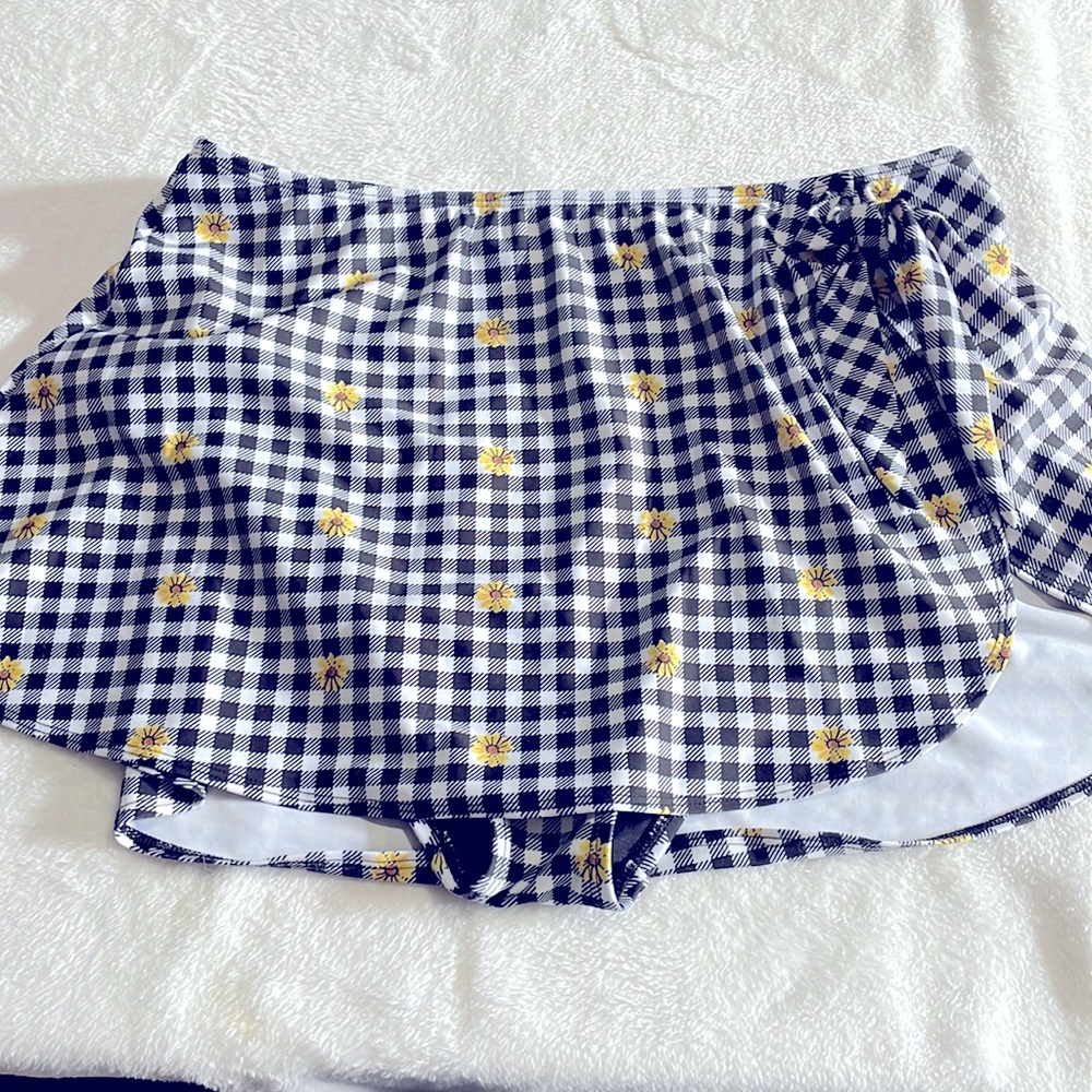 Old Navy Navy Gingham Off-Shoulder Swim Top with Yellow Flower Accents